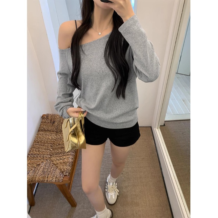 One-Shoulder Long-Sleeve T-Shirt for Women 2025 New Autumn Sexy Off-Shoulder Loose Pure Desire Style Slanted Shoulder Student Top for Women