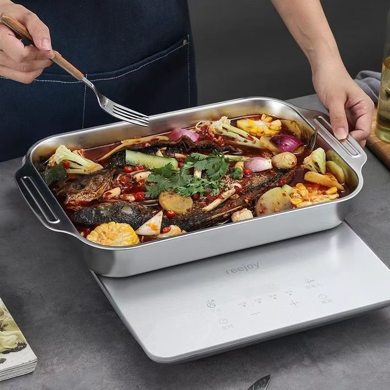 Stainless Steel Grilled Fish Plate Household Thickened Anti-slip Anti-scalding Rectangular Multi-use Flat-bottom Tray for Induction Cooker