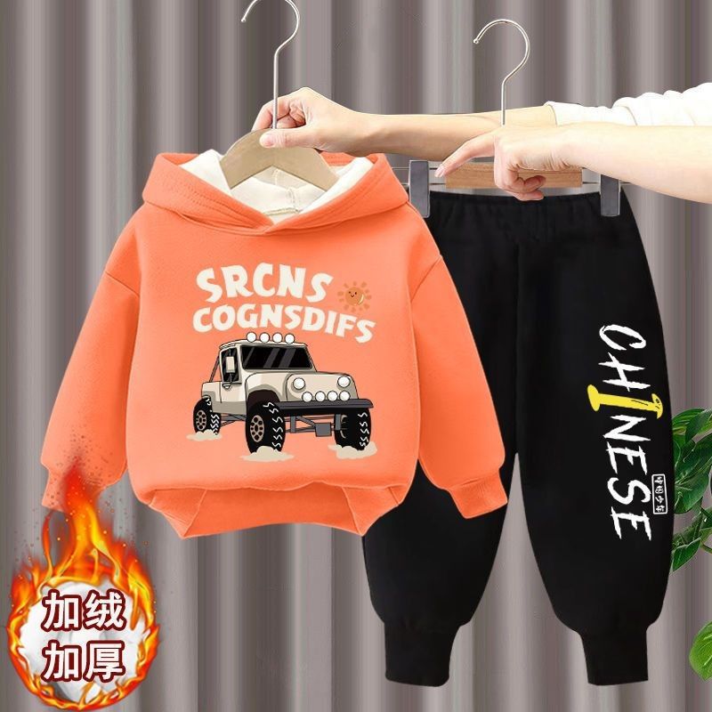 Boys' Cashmere Suit Autumn and Winter Children's Western-style Sweats Children's Hooded Clothes Baby's Winter Two-piece Fashionable Suit