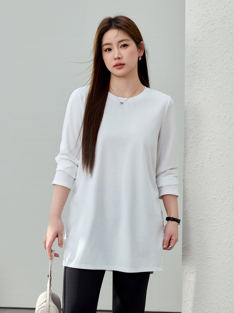 Plus-Size Women's Casual Comfortable Simple Design Slit Versatile T-Shirt for Chubby Women 2024 Autumn New Style