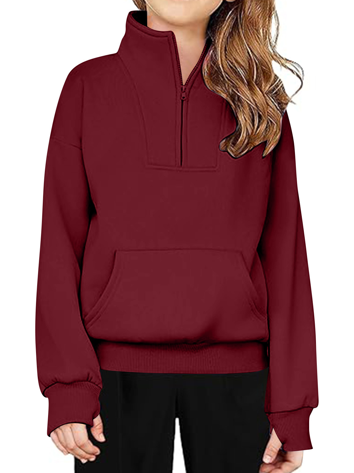 Boys' and Girls' Half-Zip Vertical Collar Sweatshirt Patch Pocket Long-Sleeved Thumb Hole Pullover Spring and Autumn Children's Top Sweatshirt