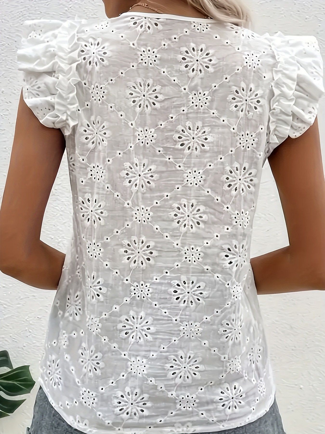 Women's elegant V-neck hollow top with butterfly sleeves and lace detail, 95% stretch polyester