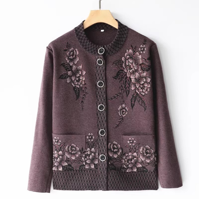 Source Factory Grandma Knitwear for the Elderly Spring Autumn Winter Tops for Middle-Aged and Elderly Mothers Women's Knitwear Cardigan Jacket