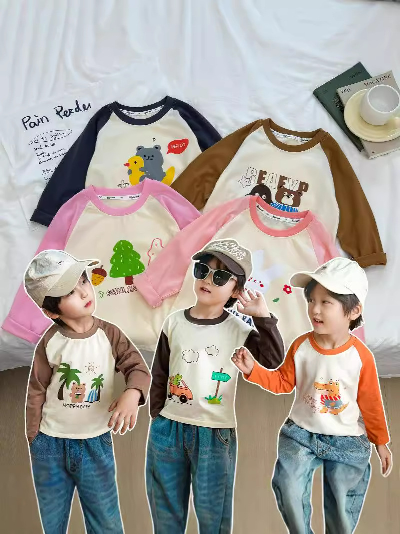 Детская футболка 2025 года из чистого хлопка для мальчиков, длинный рукав, цельнокройная, для девочек, категория а, одежда из чистого хлопка, мультяшный стиль, модные детские вещи