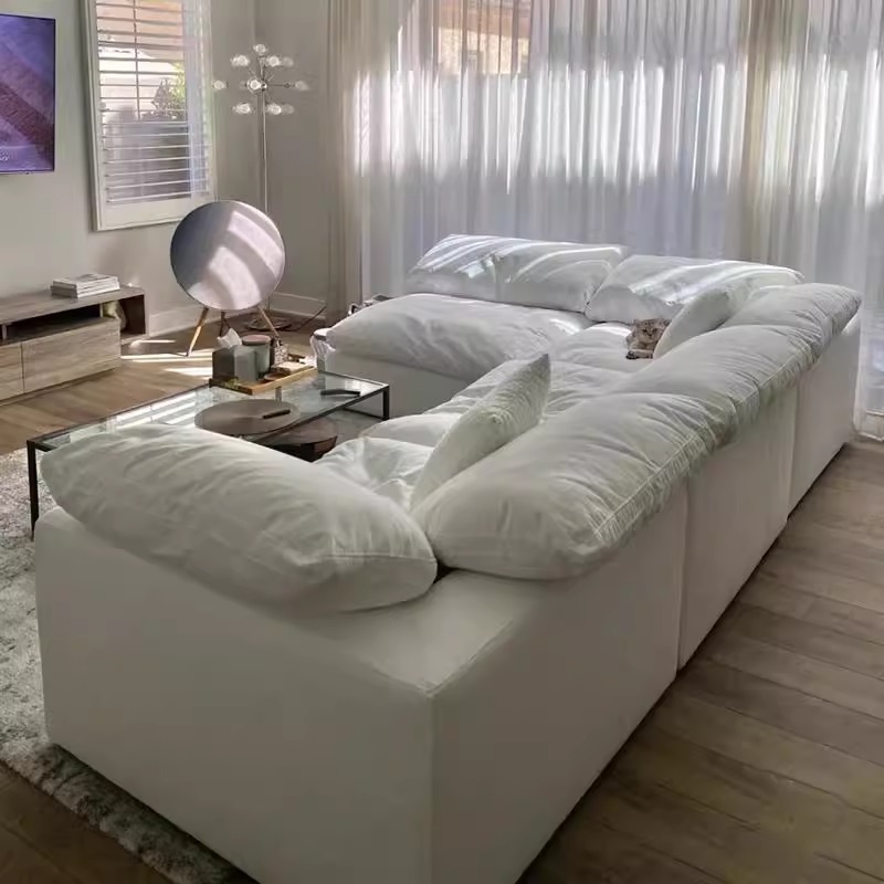 Cream-Colored Fabric Sofa, Nordic Living Room, High-End Feel, Small Apartment, Cloud-Style, Removable and Washable Sofa Set, Mid-Century Style