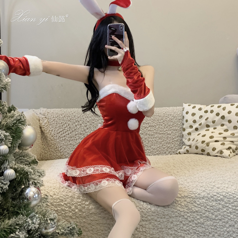 Xian Yi Sexy Christmas Dress Red Pure Desire Lace dress suit New Year's Robe Cosplay Uniform Female S3