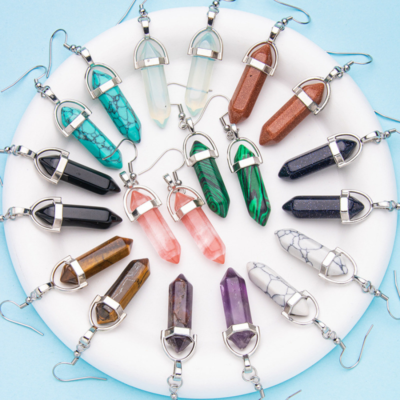 Новые креативные модные серьги с натуральным камнем, кристаллический шестигранный кулон, украшения из нержавеющей стали