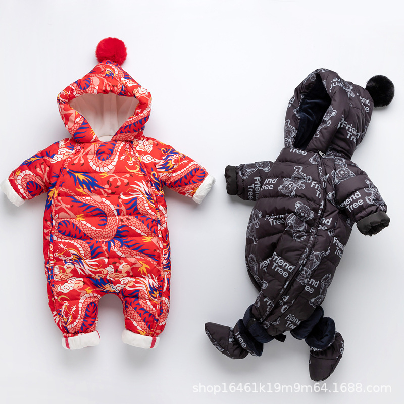 New Baby Down Jacket Jumpsuit Winter Baby Boys and Girls Thickened Ha-ha Clothes Newborn Outfit Foot Holding Clothes Korean