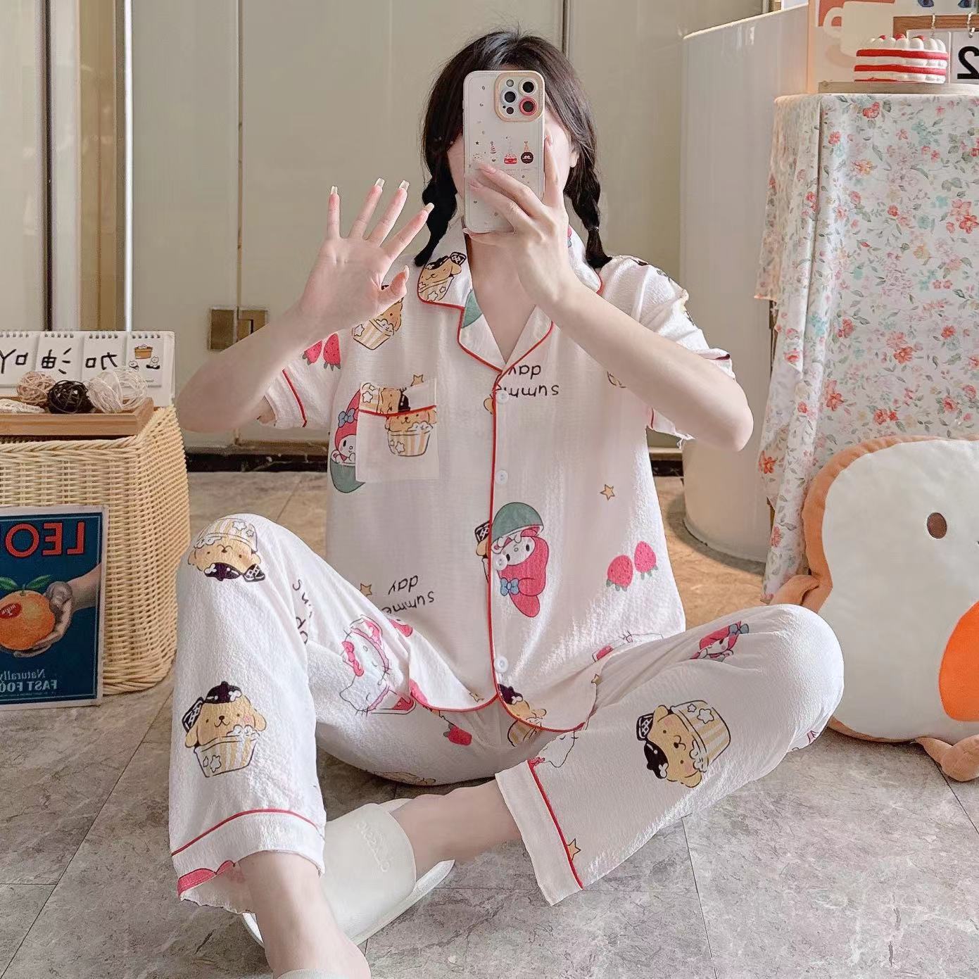 Woven Bubble Cloth Pajamas Women's Summer Cotton Short-sleeved Trousers Home Clothes Summer Thin Cotton Two-piece Suit
