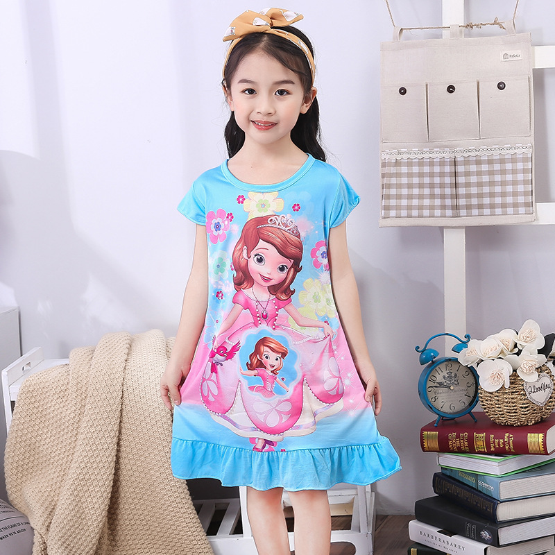 Summer Thin Children's Nightgown Round Neck Short-Sleeved Ruffled Princess Print Sweet New Girls One-Piece Home Clothes