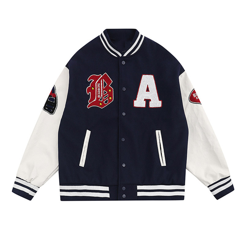 Custom American-Style Padded Wool Baseball Jacket with Pu Leather Sleeves, Men's Stand Collar Fleece-Lined Coat, Logo Cool, Thickened and Warm