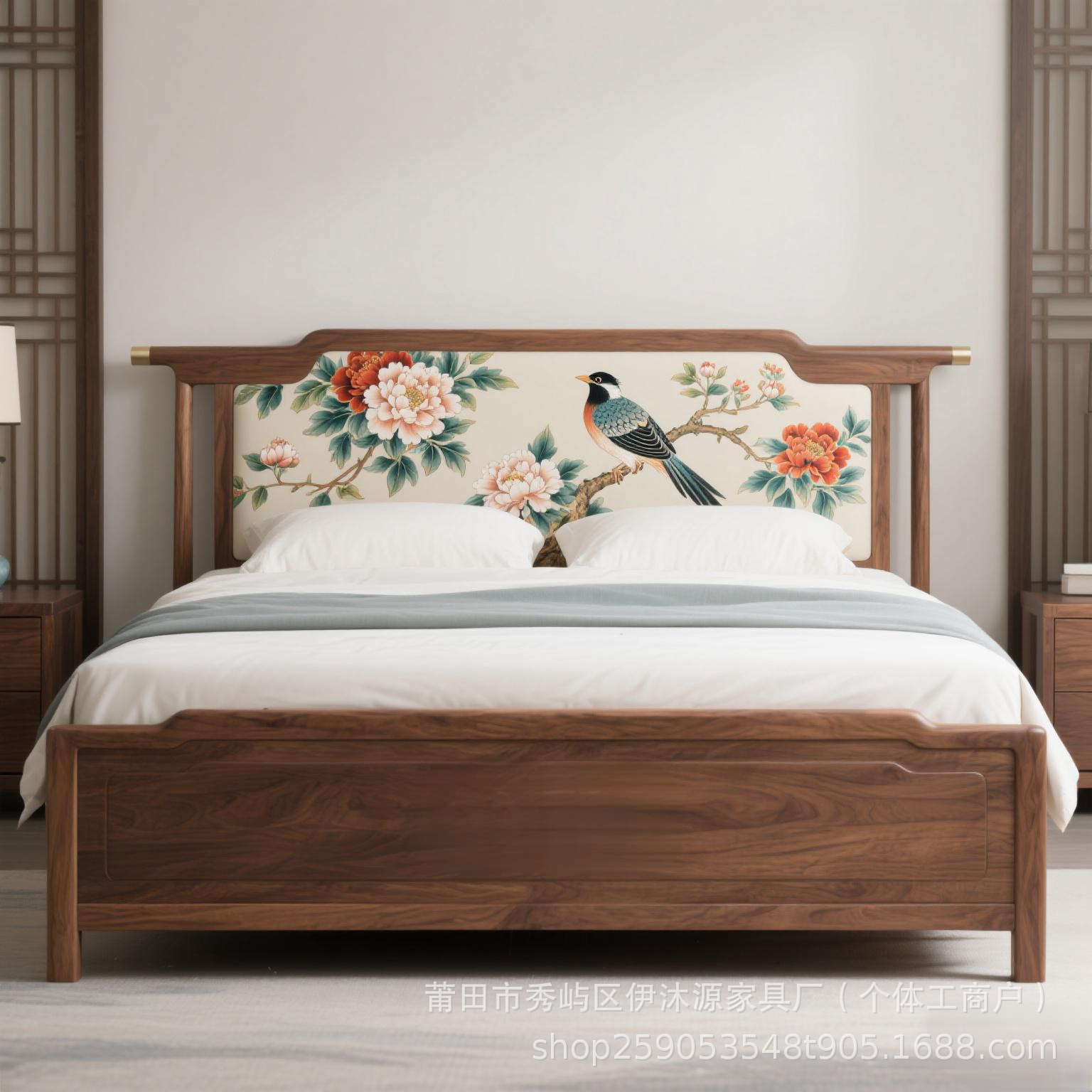 Song-Style Aesthetic Bedroom Double Bed with National Style Golden Pear Wood, Designer Master Bedroom Bed for Guesthouses and Hotels with National Style Design