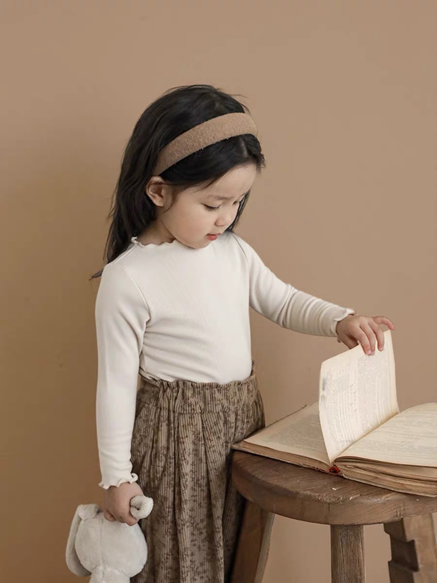 [7A Antibacterial] AINI Girls Cashmere Elastic Korean Base Shirt Spring and Autumn Wood Ear Honey Bud Children's Top