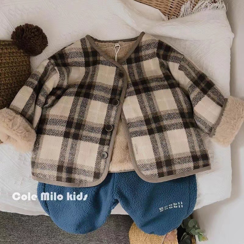 Children's Woolen Plaid Coat Korean Style 2024 Autumn and Winter New Boys' and Girls' Coat Loose Baby's Cotton Coat