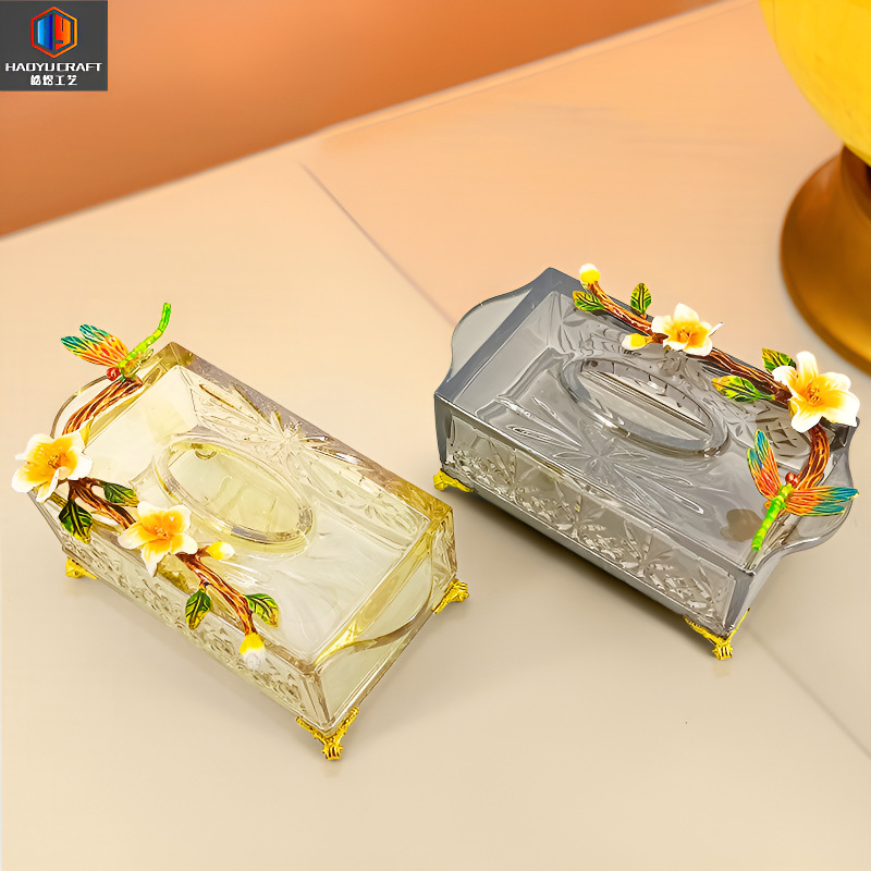 High-end Light Luxury Tissue Box Living Room Household Creative Paper Box American Glass Electroplated Amber Paper Storage Box