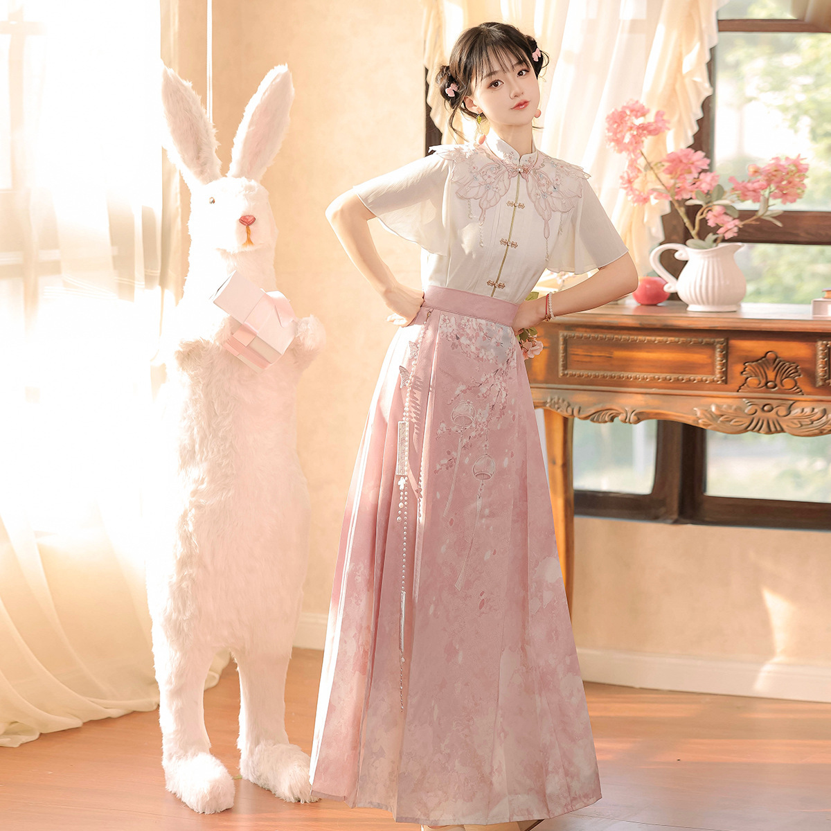 Original Design Falling Sakura Concentrated National Style Improved Han Yuansu Women's Cloud Shoulder Shirt overskirt suit 9198