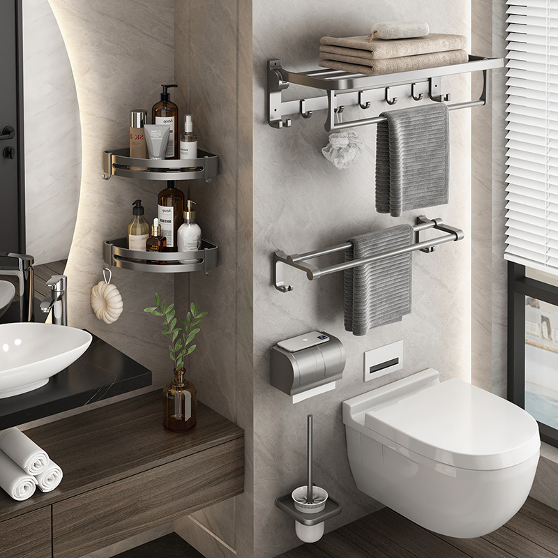 Towel Rack Toilet Punch-free Bathroom Rack Wall-mounted Restroom Toilet Space Aluminum Gun Grey Bath Towel Rack