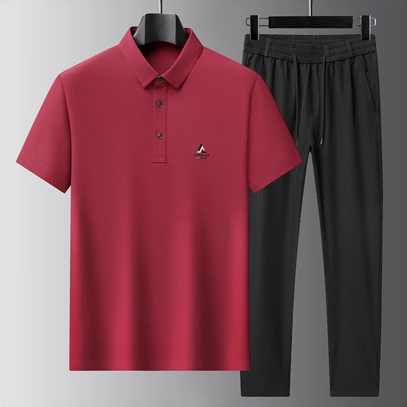 Summer Ice Silk Stretch Seamless Men's Polo Shirt Set Thin Short Sleeve Turn-Down Collar Middle-Aged T-Shirt Business Casual