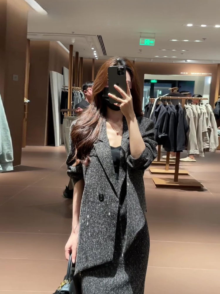 2741 plus size Women's High-end Shiny Suit Jacket Women's High Waist Slimming Split Skirt Two-piece Set