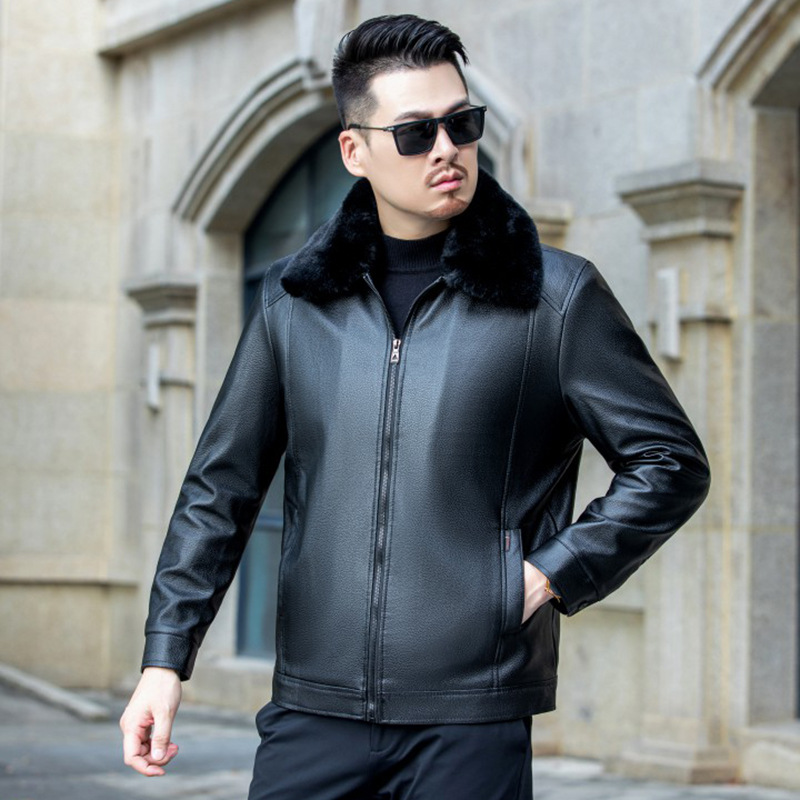 Fur Collar Leather Jacket Men's Winter Middle-aged and Elderly Coat fleece-lined Thickened Motorcycle PU Leather Jacket Warm Middle-aged Dad's Clothes