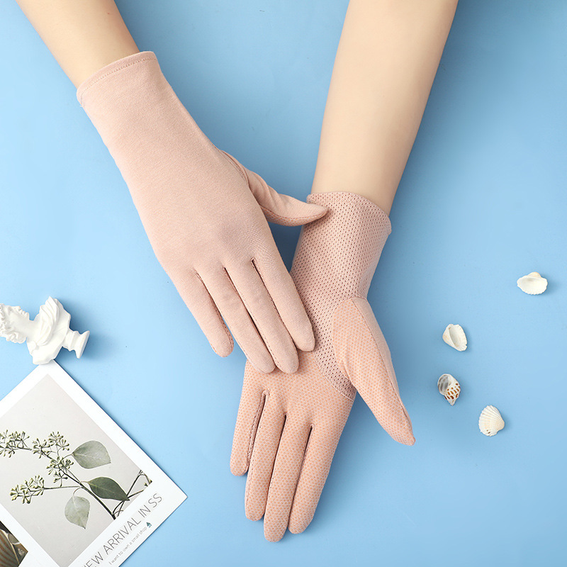 Sun protection gloves women's UV protection driving summer pure cotton touch screen thin breathable non-slip riding hand protection white gloves