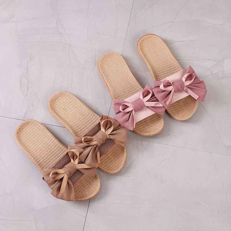 Slippers Women's Summer Indoor and Outdoor Home Floor Non-Slip Office Slippers Home Cute Bow Linen Slippers