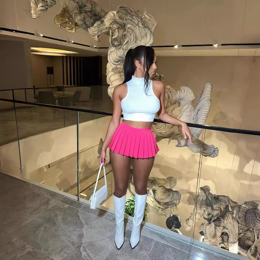 Ad1347 European and American Clothing Amazon 2023 Summer Hot Style Pure Color Sexy Mini Pleated Skirt