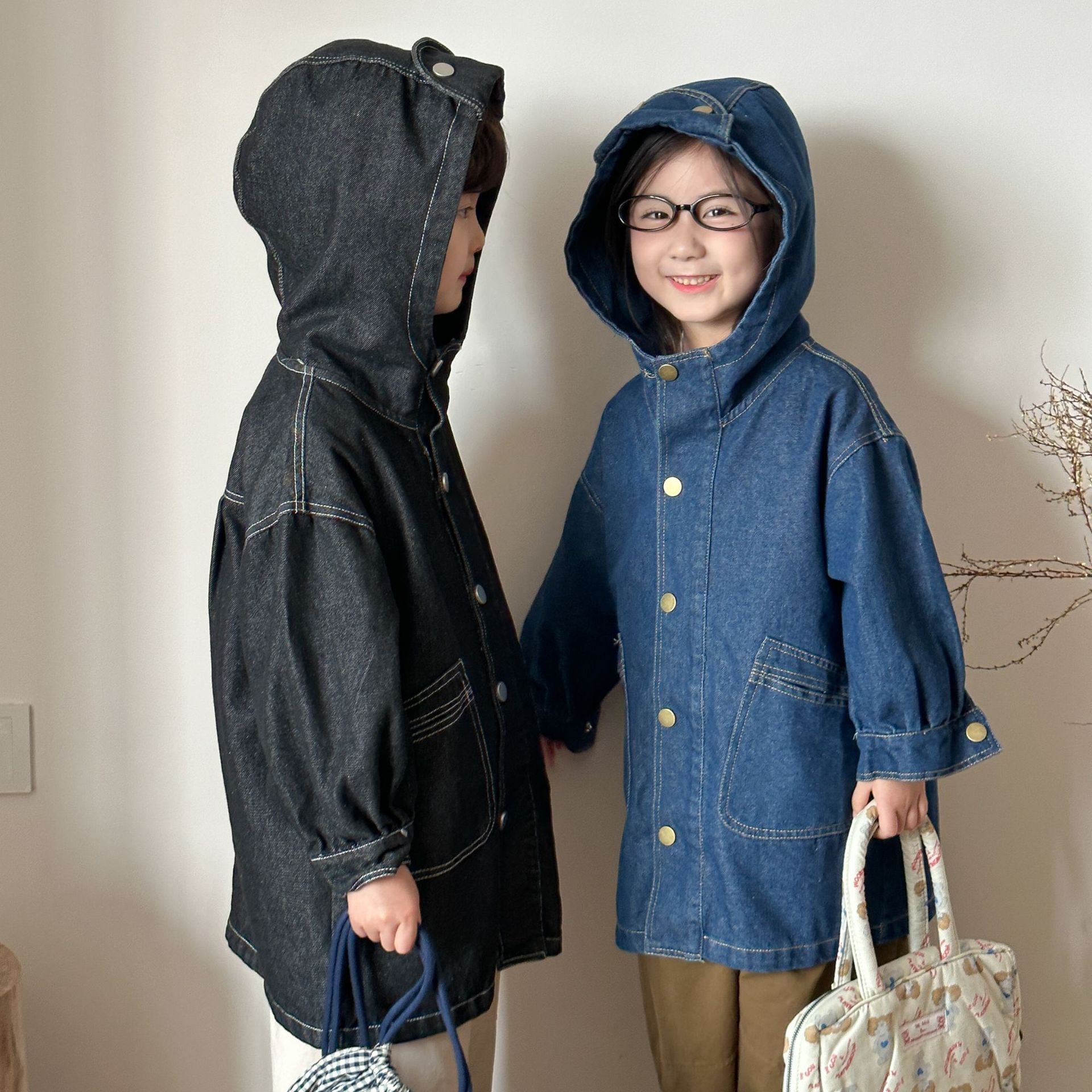 Children's Denim Jacket Mid-Length Girls' Hooded Windbreaker Boys' Autumn Clothing 2025 New Spring and Autum Baby Tops