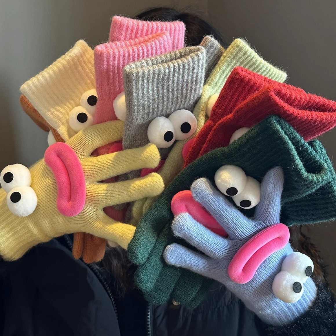 Необычные вязаные перчатки для женщин, зимние, теплые, милые мультяшные, без пальцев, совместимые с сенсорным экраном, пряжа с дизайном сенсорного экрана