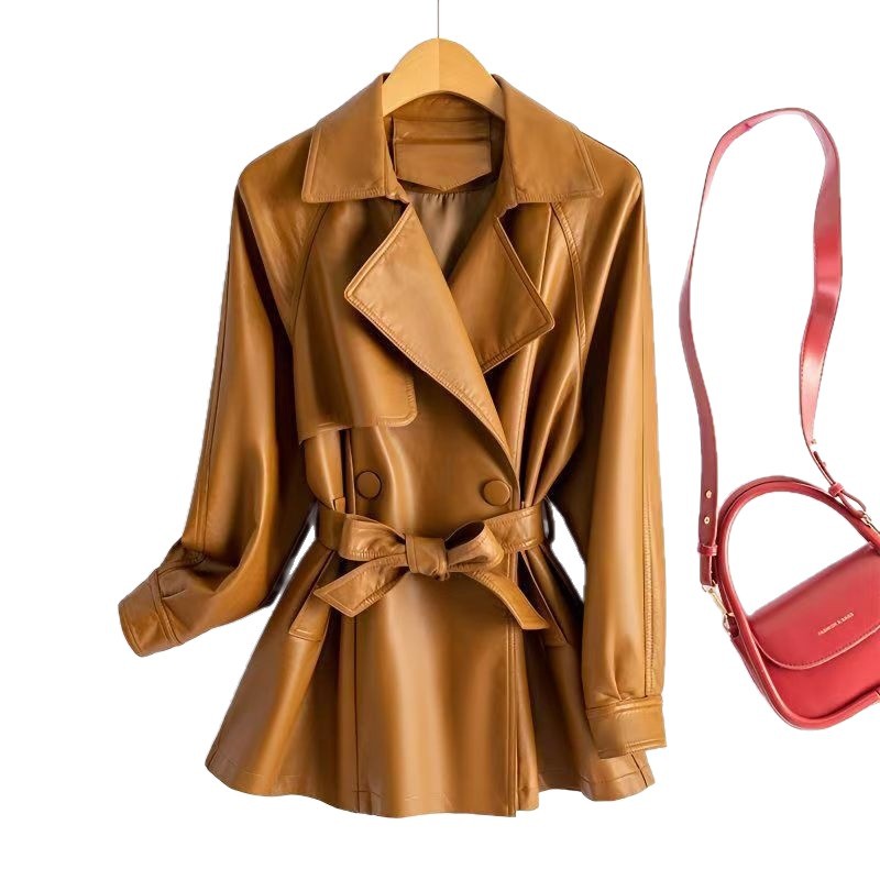Low-Priced Spring and Autumn Haining Suit Collar Leather Jacket with Tie, Waist-Cinching, Slimming, Korean Style, British Trench Coat for Women