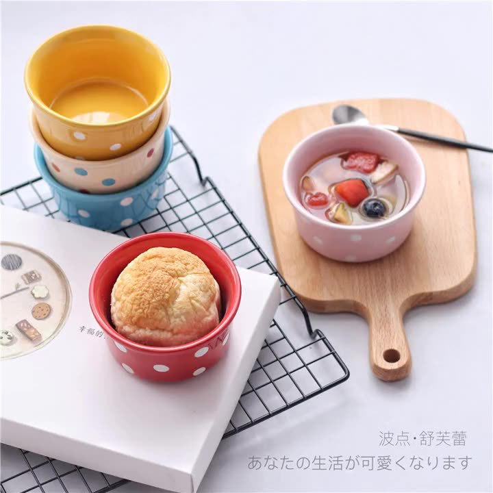 Creative Ceramic Soufflé Baking Bowl Polka Dot Pudding Cup Household High Temperature Resistant Tableware Baking Cup Steamed Cake Dessert Bowl