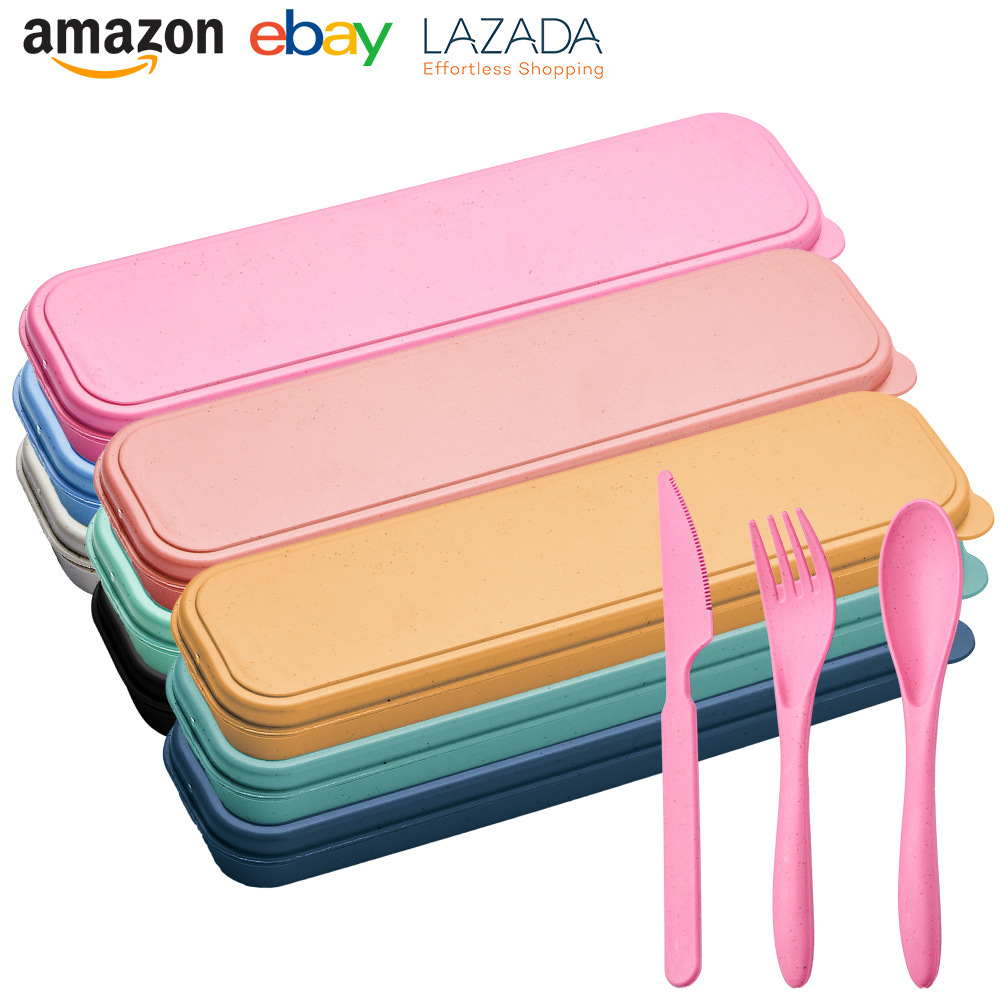 Cross-border Amazon Outdoor Camping Portable Knife, Fork and Spoon Tableware suit Black Wheat Straw Tableware Three-piece Set