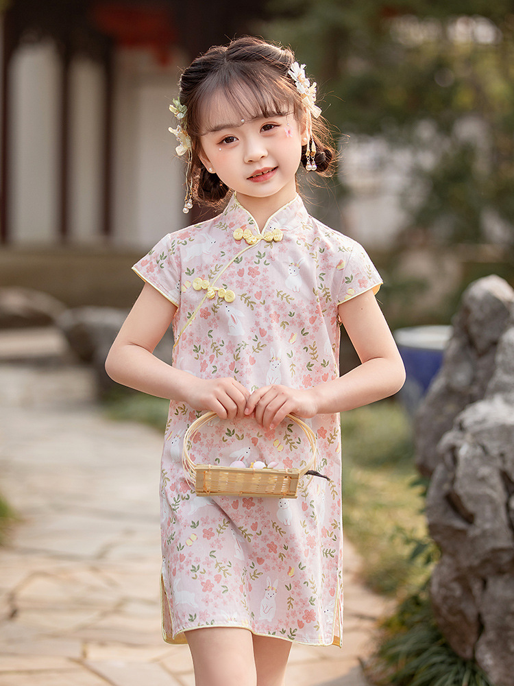 Girls' Short-sleeved Cheongsam Dress for 25 Years Summer New Children's Chinese Style dress Retro Baby Hanfu Internet Popular Fairy