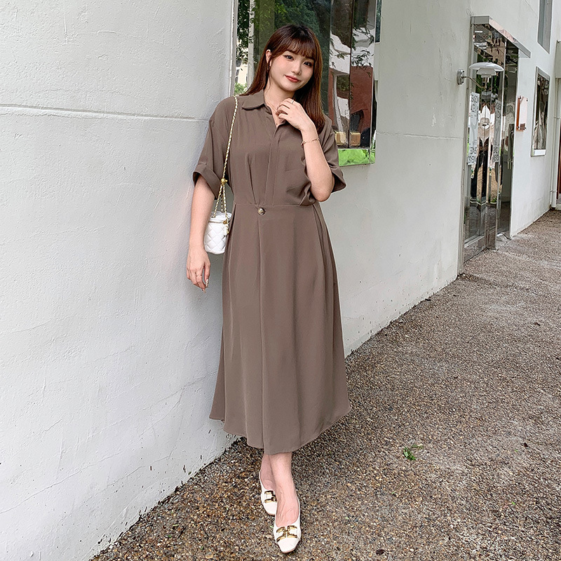 Women's Summer Fat mm Crotch-Covering Loose Thin Shirt Collar Waist Slimming Look Right Shoulder A-Line Dress Large Size 3067