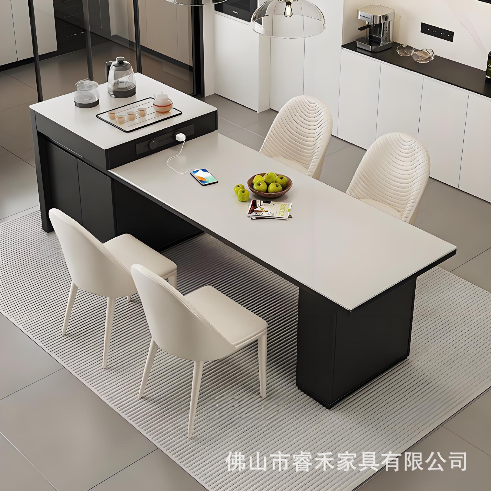 Solid Wood Rock Board Island Table Dining Table Integrated Household Modern Telescopic Simple Italian Small Apartment Middle Island High-end Tea Table