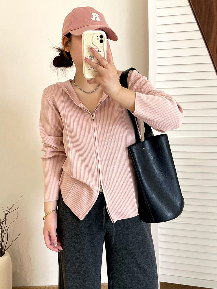Plus Size Women's Supply Hooded Double Zipper Jacket Top 2025 Autumn Fat mm Loose Knitted Cardigan 2121