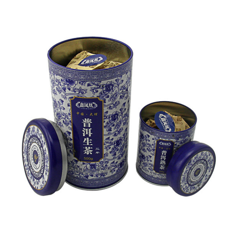 Mi Qi Raw Tea Tin Box with Inner Lid Tea Can Round Blue and White Porcelain Pu'Er Raw Tea Tin Box Tin Can Factory