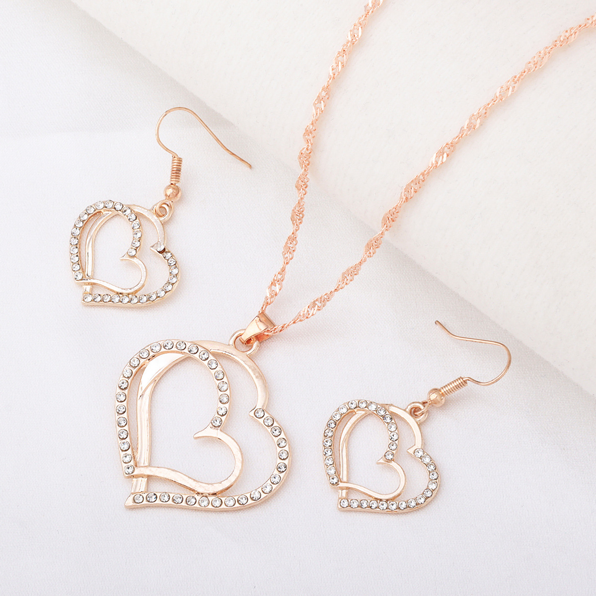 European and American Cross-border Explosions Jewelry Set Creative Double Love Diamond Necklace Chain High-grade Ear Stud Two-piece Set