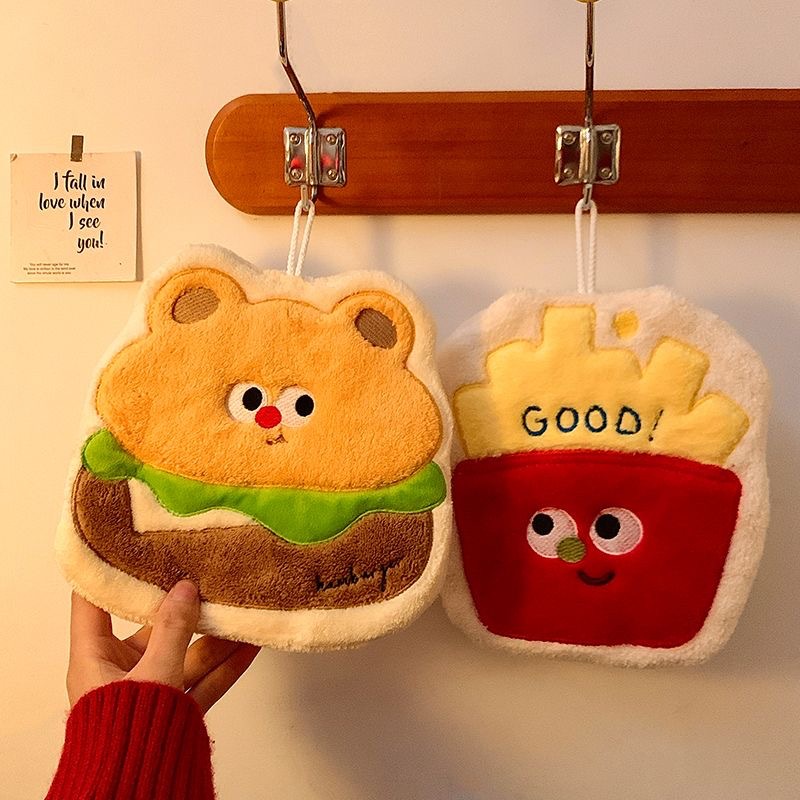 Cute French Fries Wipe Hand Towel Hanging Handkerchief Rag Toilet Kitchen Hanging Towel Cartoon Burger Bear Thickened
