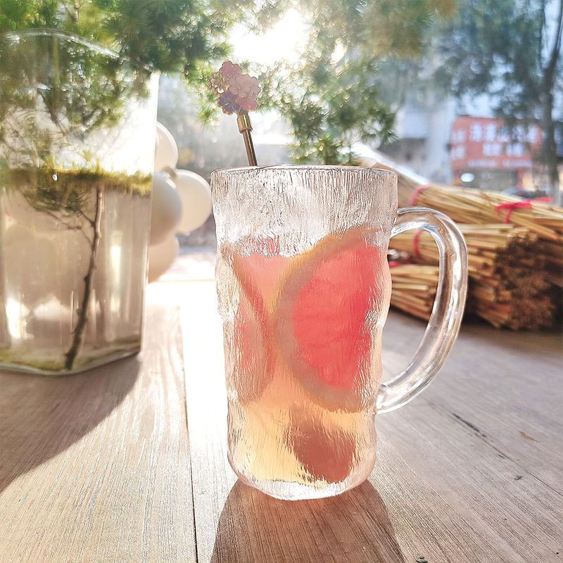 Ins-Style Glass Cup with Handle and Spoon, Glacier-Patterned Glass Cup, Women's Milk Coffee Cup, Zao Mengnuo