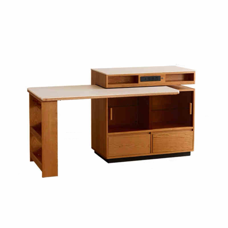 Solid Wood Island Table Integrated Rotating and Retractable Japanese Rock Plate Small Apartment Household Bar Bar Wine Storage Sideboard