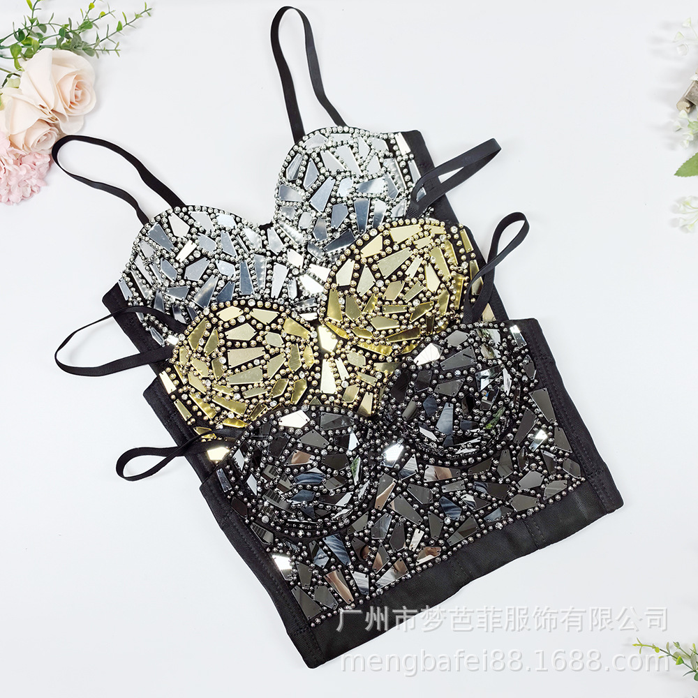 European and American Sexy Vest Suspender Shiny Glass Sheet Stage Performance Outer Wear Hot Selling Beaded Fishbone Top High-End