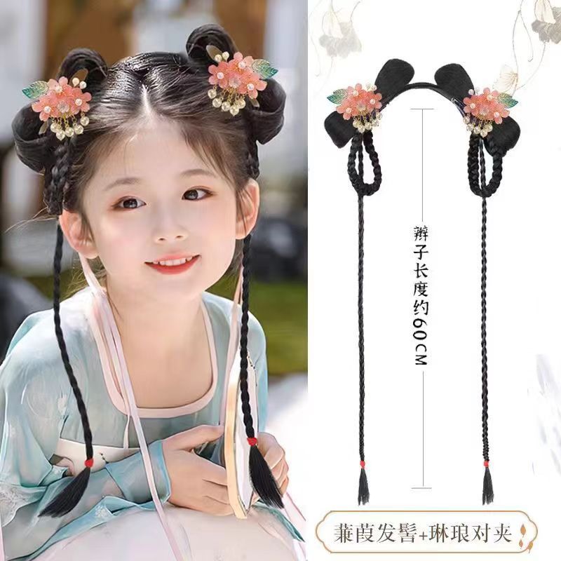 Children's Hanfu Wig Antique Integrated Style Bow Ancient Suit All-match Hair Pack Headwear Stage Performance Hair Disc