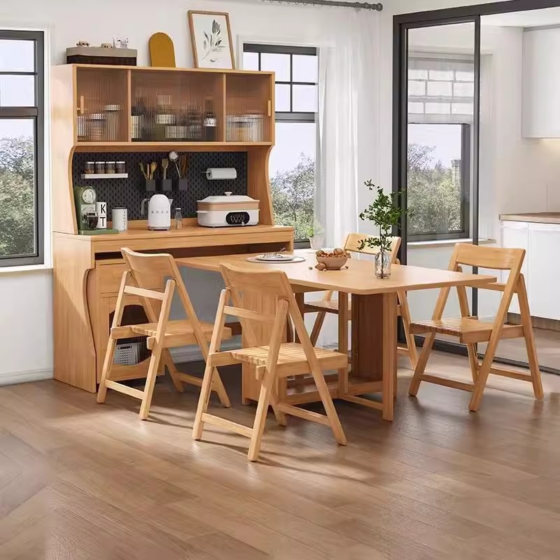 Folding Dining Table Small Apartment Full Solid Wood Sideboard Dining Table Integrated Household Multi-functional Wall Storage Cabinet