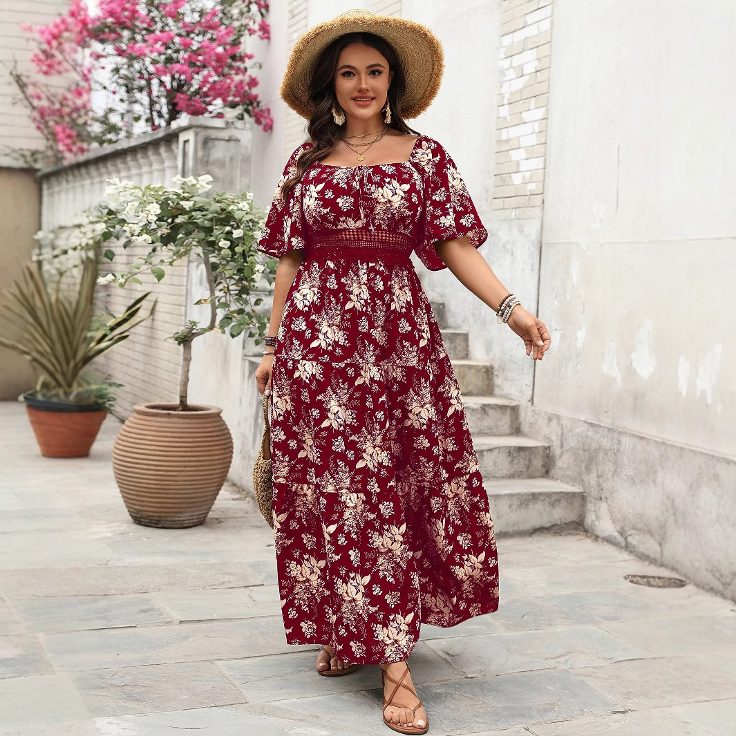 European and American New dress 2025 Spring Amazon Retro Square Collar Printed plus size Short Sleeve dress