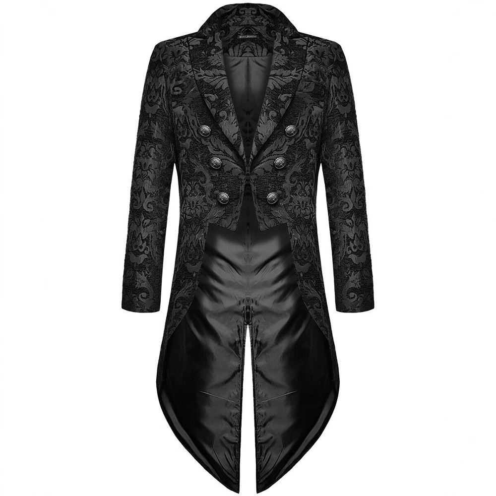 Fashion Men's Gothic Steampunk Tail Jacket Black Brocade Wedding Jacket Gothic Style Halloween