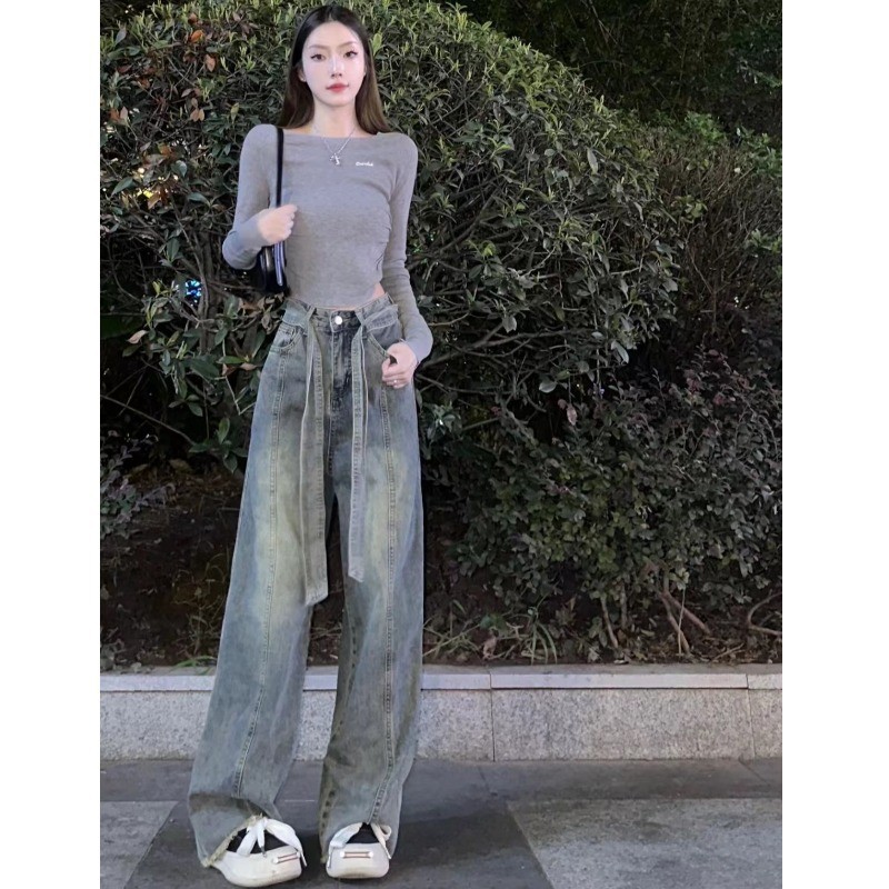 Nostalgic blue high-grade wide-leg jeans for women 2023 early Autumn New loose high waist wide-leg slimming frayed long pants
