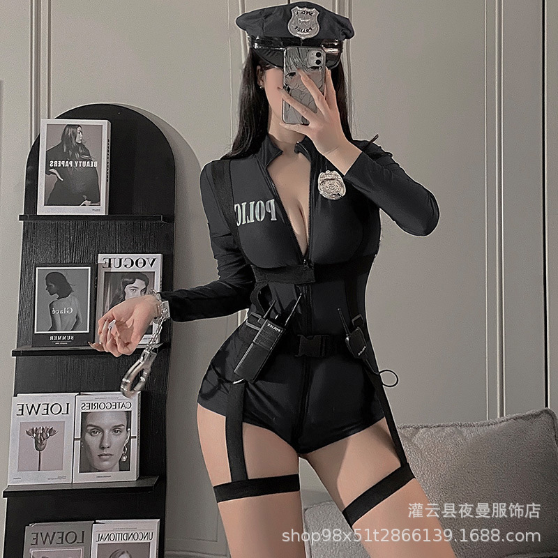 Sexy lingerie nightclub policewoman double-head zipper free crotch cospaly role-playing uniform policewoman