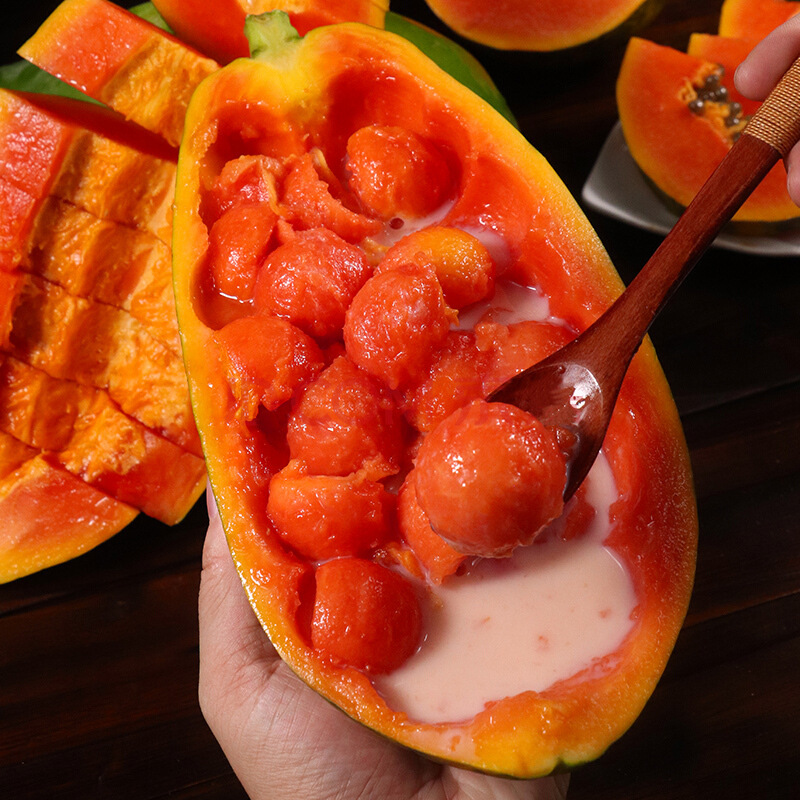 Red Heart Papaya, Fresh Seasonal Fruit, Seasonal Green Papaya, Milk, Rock Candy Heart, Freshly Picked, Freshly Harvested, Straight Hair from the Orchard