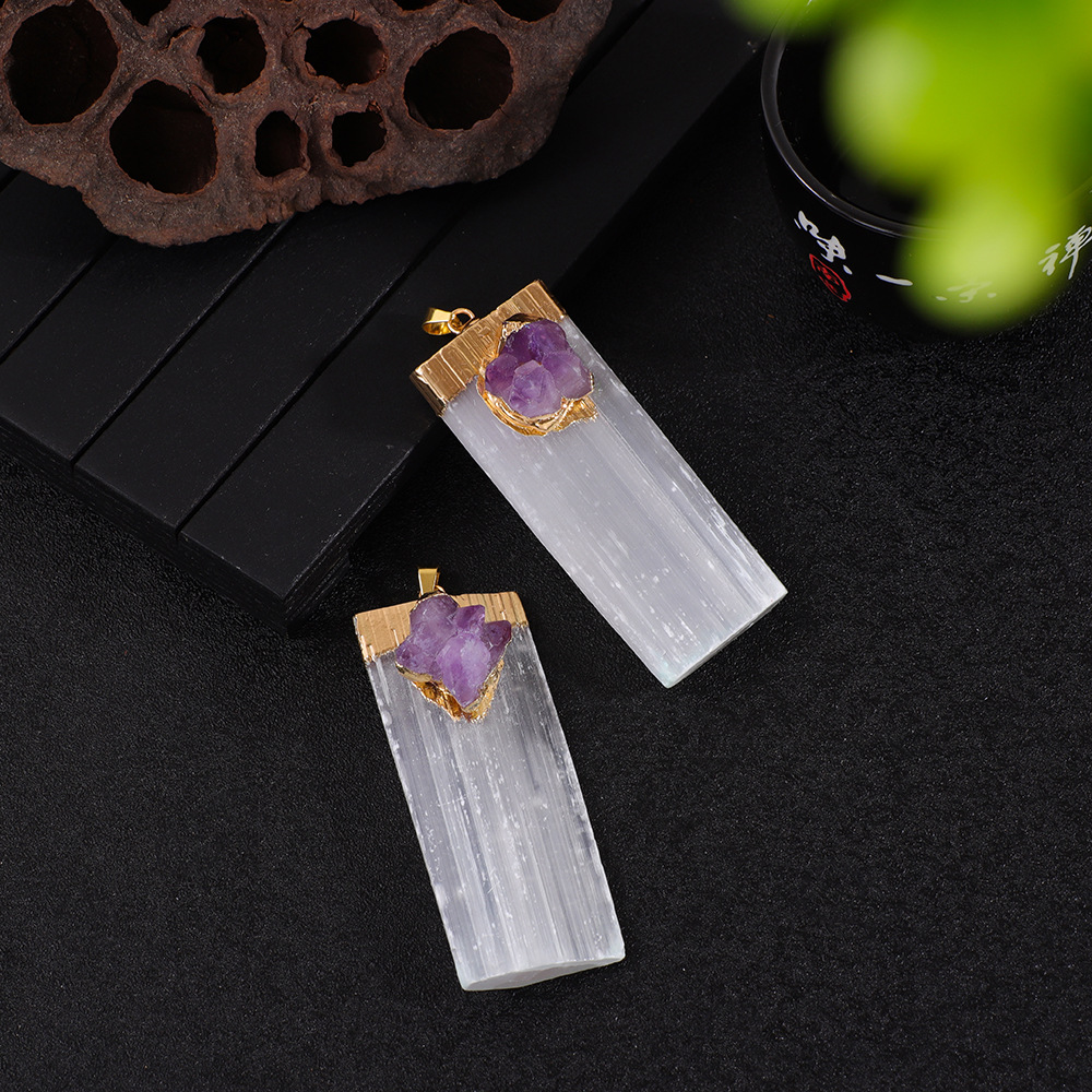 Amazon White Gypsum Set Amethyst Cluster Pendant Long Crystal Column Pendant European and American Jewelry Amethyst Necklace Cross Border
